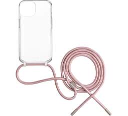 Fixed Pure Neck puzdro s ružovou šnúrkou pre Apple iPhone 15 transparentné