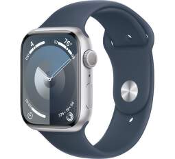Apple Watch Series 9 GPS 45 mm strieborný hliník s modrým remienkom S/M