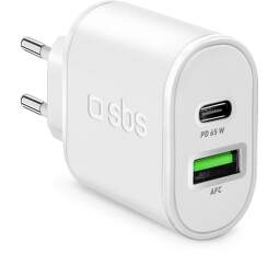 SBS cestovný adaptér GaN 1x USB-C PD 65 W/1x USB AFC 18 W biely