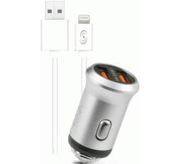 Fonex 2x USB autonabíjačka, strieborná + kábel USB/Lightning
