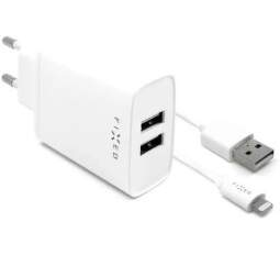 Fixed sieťová nabíjačka 2x USB + kábel USB/Lightning 1 m biela