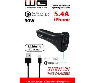 Winner Dual 2x USB QQC 3.0 5,4 A čierna Lightning kábel MFI autonabíjačka