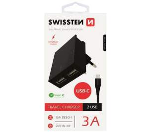 Swissten Smart IC 2x USB 3,1 A čierna 1,2 m USB-C kábel