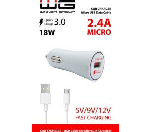 Winner USB QC 3.0 2,4 A biela micro USB kábel autonabíjačka