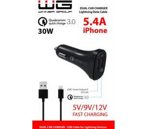 Winner 2x USB QQC 3.0 5,4 A čierna 1 m Lightning kábel autonabíjačka
