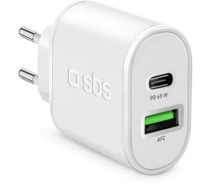 SBS cestovný adaptér GaN 1x USB-C PD 65 W/1x USB AFC 18 W biely
