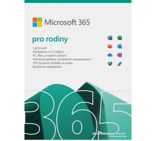 Microsoft 365 Family CZ 2021 (1 ROK, 6 UŽÍVATEĽOV, 6x1TB CLOUD)